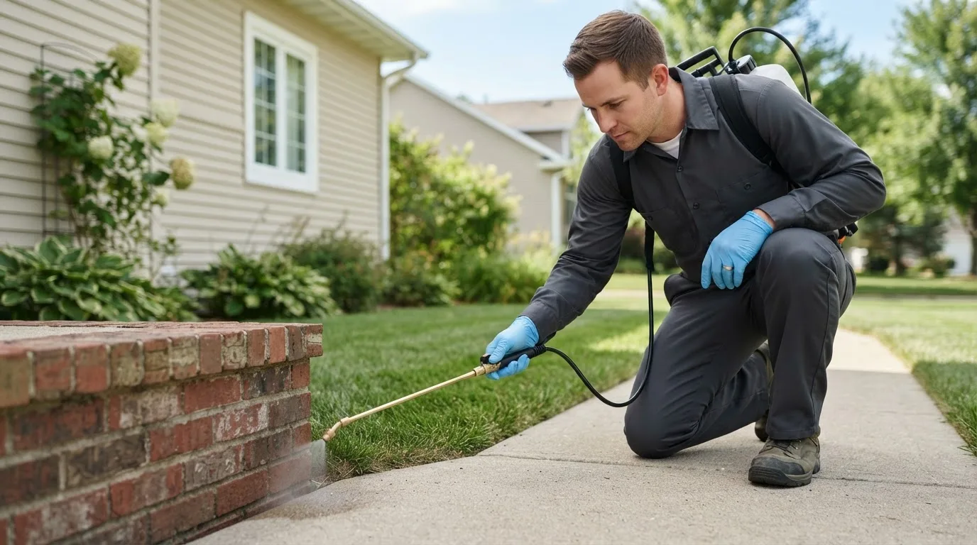 Pest control technician treating a home near Clinton, ME