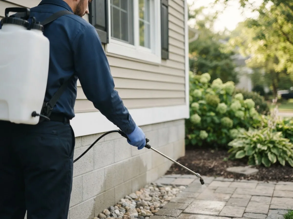 Pest control technician inspecting a home in Clinton, ME